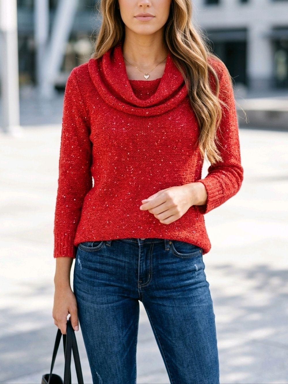Madison Red Sequin Cowl Neck Sweater Small 3/4 Sleeves Pullover - Picture 3 of 16